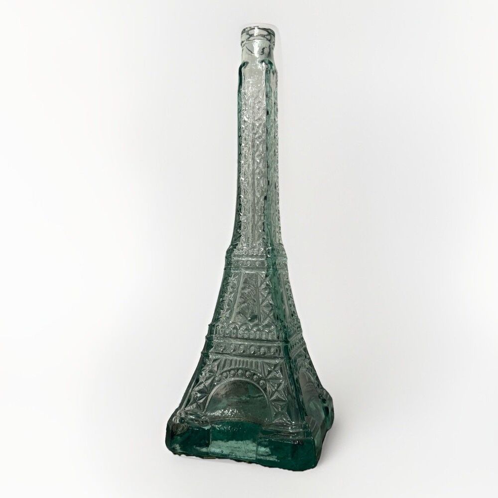 Vintage Eiffel Tower Glass Bottle Decanter Cork Stopper Light tinted Green Glass